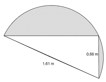 Det skraverte området består av en halvsirkel minus en rettvinklet trekant. Diameteren er 1,61 m, og dette er også hypotenusen i trekanten. Den ene kateten er på 0,66 m.